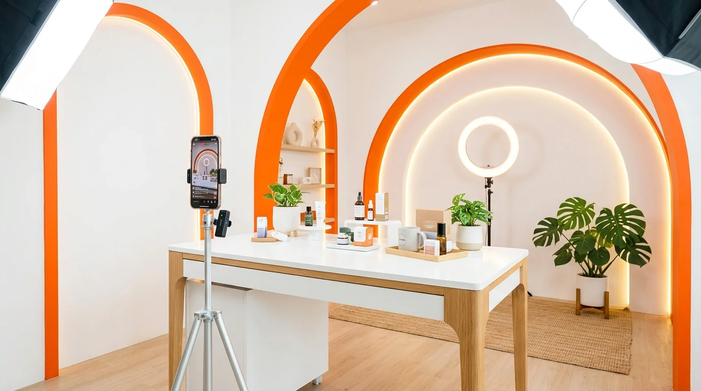 Cabine equipada com ring light, iluminação de contorno e rig para smartphone pronta para entrar ao vivo